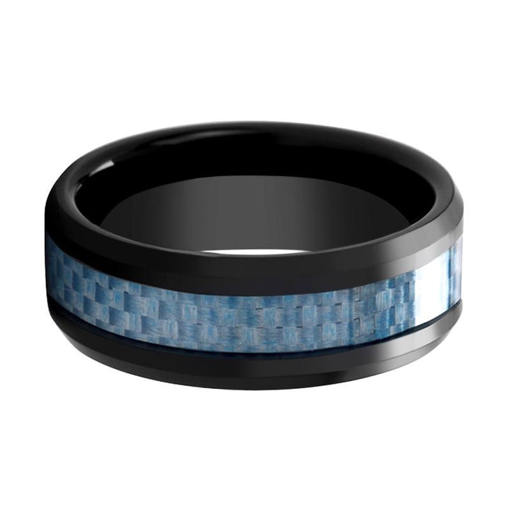 AZIEL | Black Ceramic Ring, Blue Carbon Fiber Inlay, Beveled - Rings - Aydins Jewelry - 2