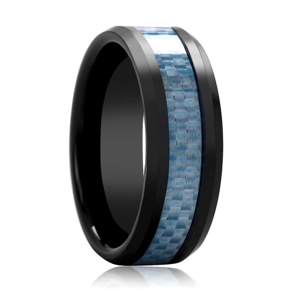 AZIEL | Black Ceramic Ring, Blue Carbon Fiber Inlay, Beveled - Rings - Aydins Jewelry - 1