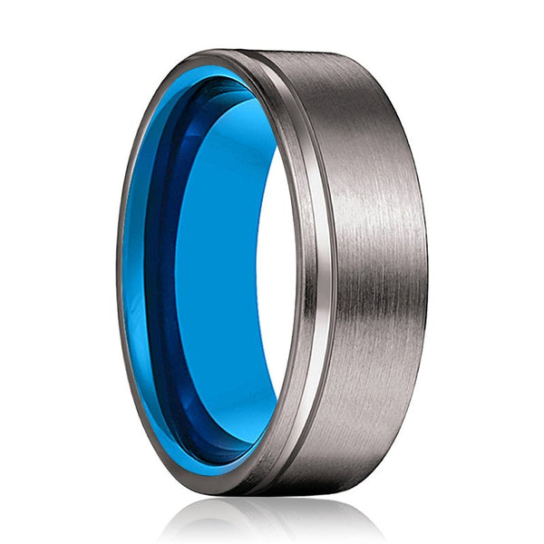 AZRAQ | Blue Tungsten Ring, Gunmetal Tungsten Offset Groove - Rings - Aydins Jewelry - 1