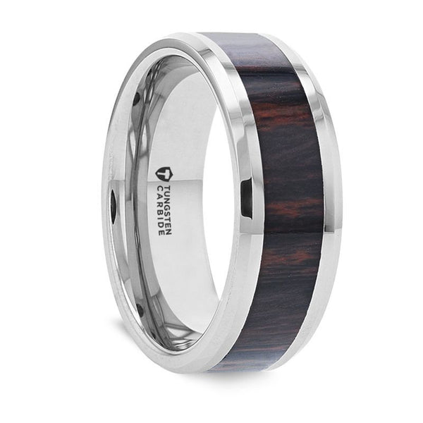 AZTEC | Silver Tungsten Ring, Mahogany Wood Inlay, Beveled - Rings - Aydins Jewelry - 1