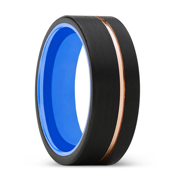 AZURE | Blue Ring, Black Tungsten Ring, Rose Gold Offset Groove, Brushed, Flat
