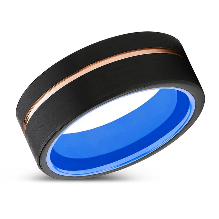 AZURE | Blue Ring, Black Tungsten Ring, Rose Gold Offset Groove, Brushed, Flat - Rings - Aydins Jewelry - 2