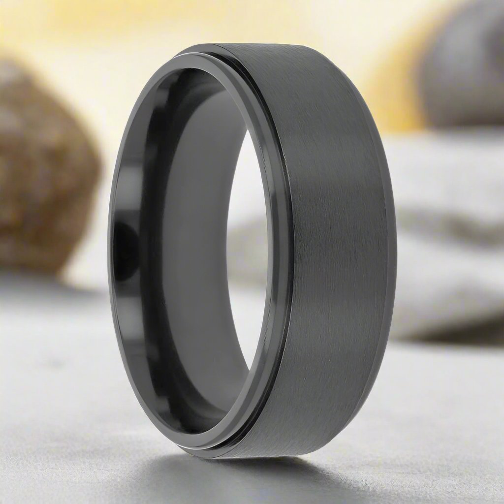 BABYLON Black Titanium Ring with brushed raised center and polished stepped edges - Aydins Jewelry