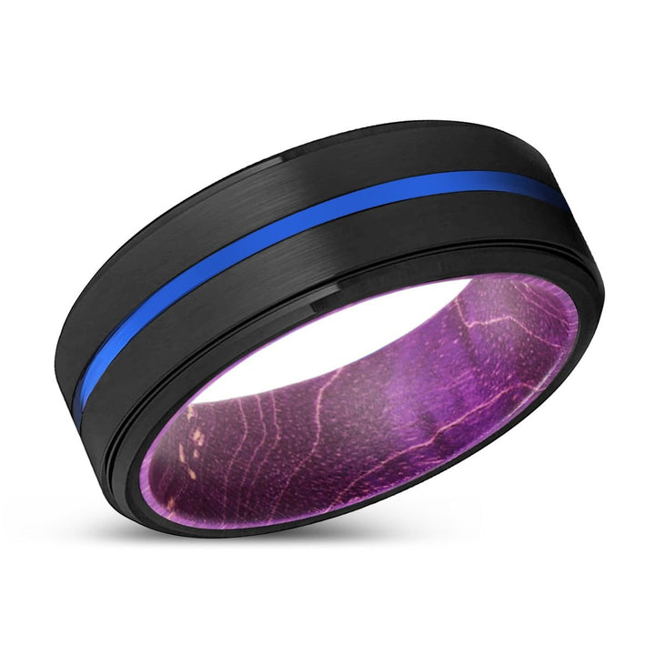 BADGER | Purple Wood, Black Tungsten Ring, Blue Groove, Stepped Edge - Rings - Aydins Jewelry