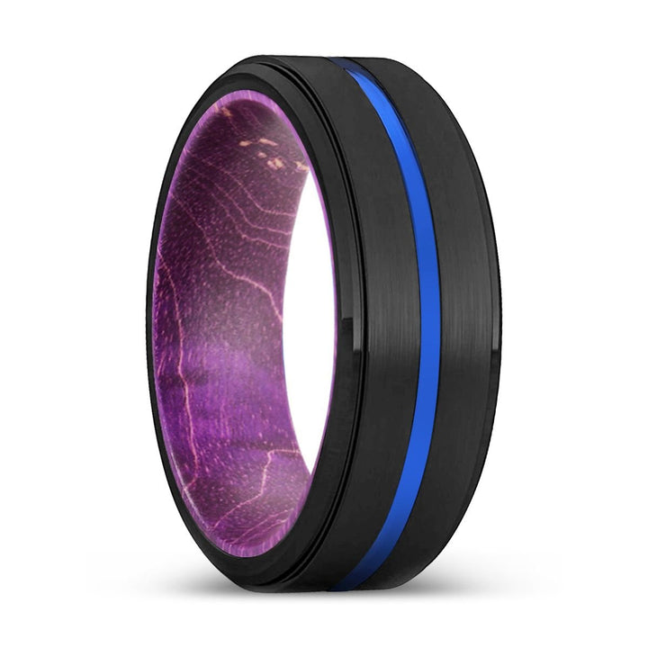 BADGER | Purple Wood, Black Tungsten Ring, Blue Groove, Stepped Edge - Rings - Aydins Jewelry