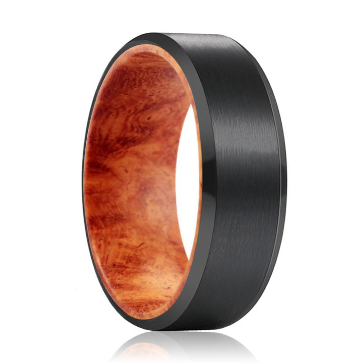 BANDIT | Red Burl Wood, Black Tungsten Ring, Brushed, Beveled - Rings - Aydins Jewelry - 1
