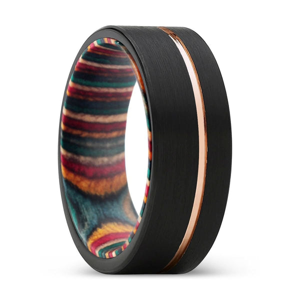 BANSHEE | Multi Color Wood, Black Tungsten Ring, Rose Gold Offset Groove, Brushed, Flat - Rings - Aydins Jewelry - 1