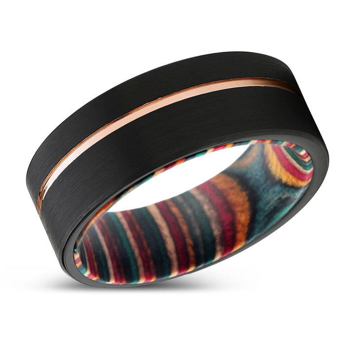 BANSHEE | Multi Color Wood, Black Tungsten Ring, Rose Gold Offset Groove, Brushed, Flat - Rings - Aydins Jewelry - 2