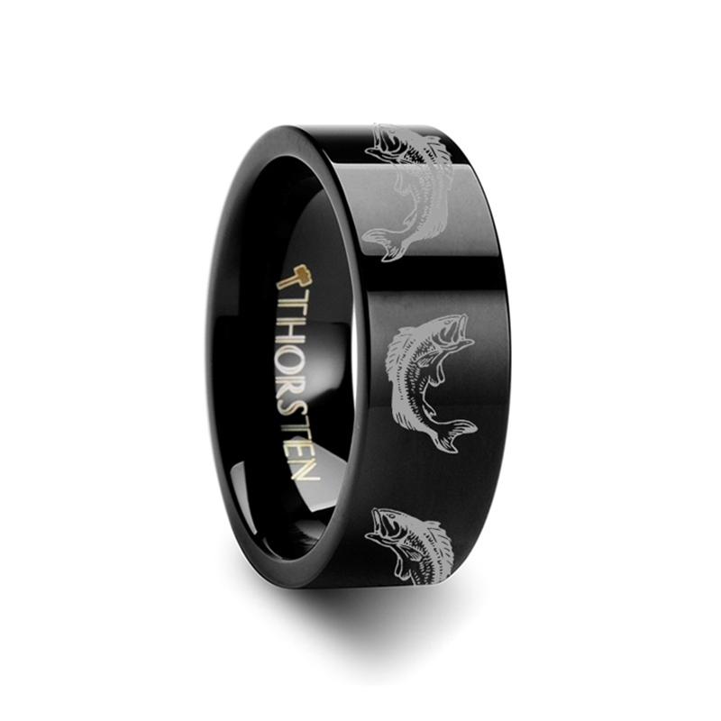 Bass Fish Jumping Sea Pattern Print Engraved Flat  Tungsten Carbide men's wedding band, image 2