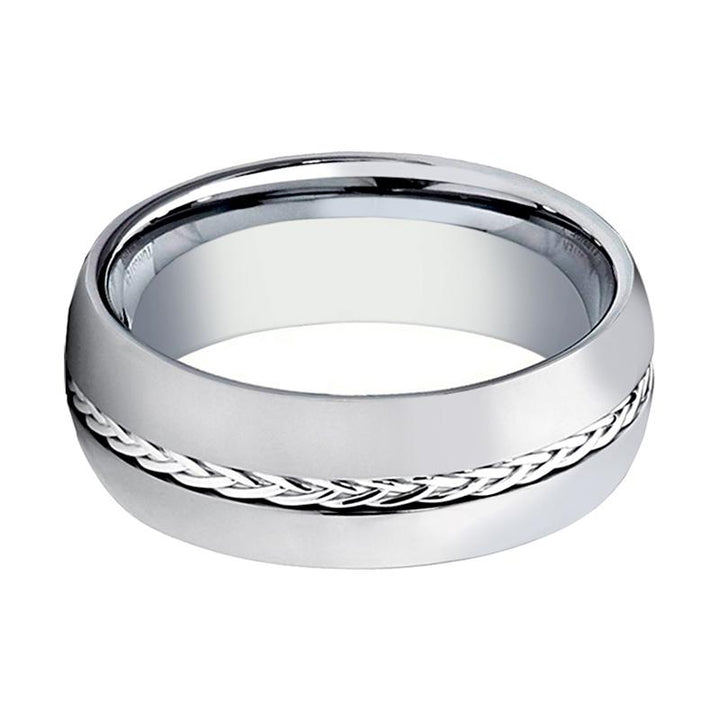 BAXTER | Silver Tungsten Ring, Sterling Braided Insert, Domed - Rings - Aydins Jewelry