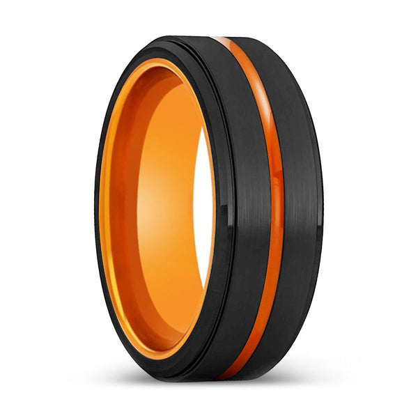 BAYAMON | Orange Ring, Black Tungsten Ring, Orange Groove, Stepped Edge - Rings - Aydins Jewelry