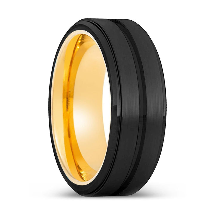 BAZOOKA | Gold Ring, Black Tungsten Ring, Grooved, Stepped Edge - Rings - Aydins Jewelry