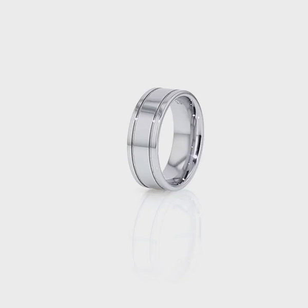 ANCHORAGE | Silver Tungsten Ring, Shiny Dual Grooves, Flat