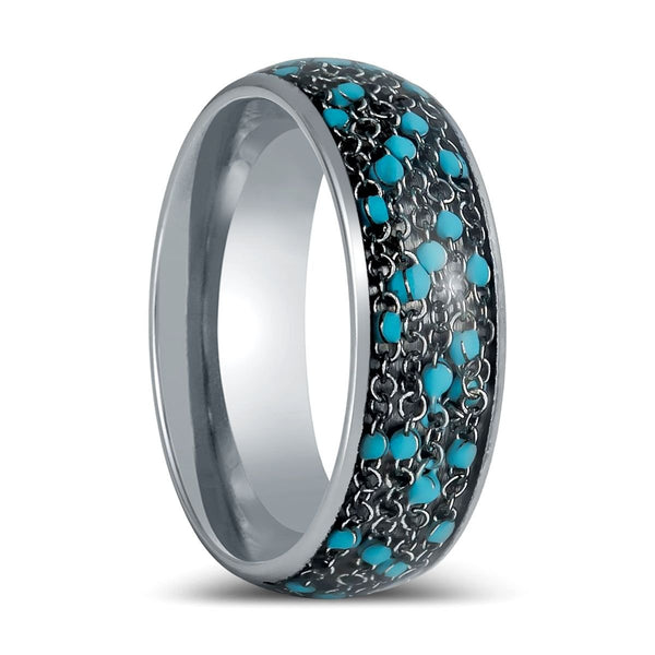 BEADWIRE | Silver Tungsten Ring, Domed Ring with Blue Beads Inlay