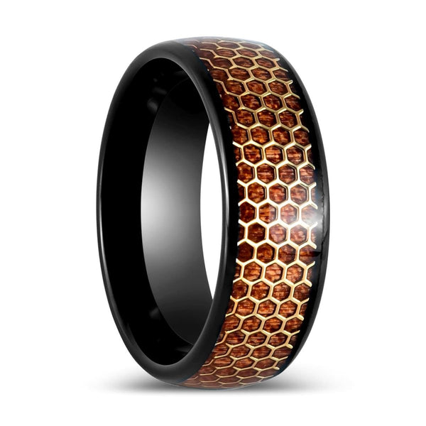 BEASON | Black Tungsten Ring, Honeycomb, Rosewood Inlay, Domed - Rings - Aydins Jewelry - 1
