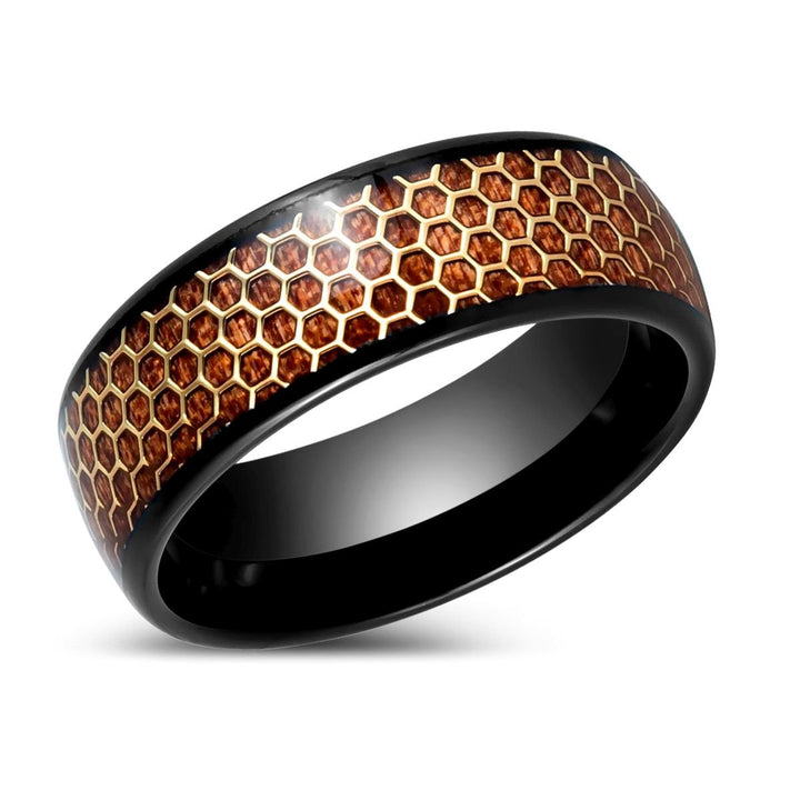 BEASON | Black Tungsten Ring, Honeycomb, Rosewood Inlay, Domed - Rings - Aydins Jewelry - 2