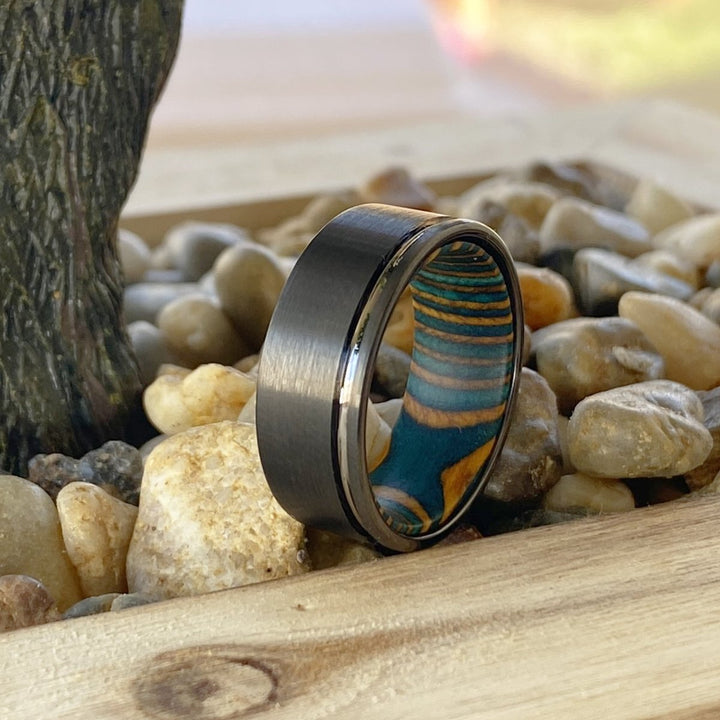 BECK | Green and Yellow Wood, Gunmetal Tungsten Offset Groove - Rings - Aydins Jewelry