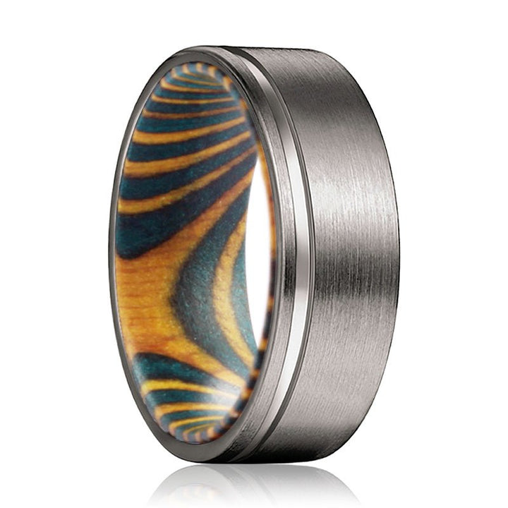 BECK | Green and Yellow Wood, Gunmetal Tungsten Offset Groove - Rings - Aydins Jewelry