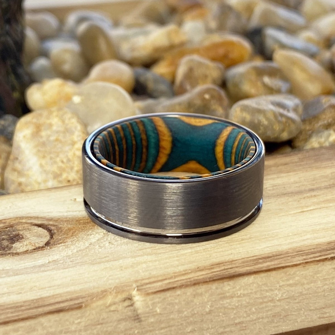 BECK | Green and Yellow Wood, Gunmetal Tungsten Offset Groove - Rings - Aydins Jewelry - 4