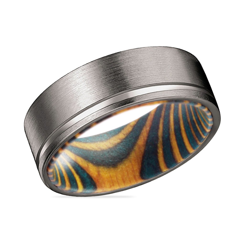 BECK | Green and Yellow Wood, Gunmetal Tungsten Offset Groove - Rings - Aydins Jewelry - 2