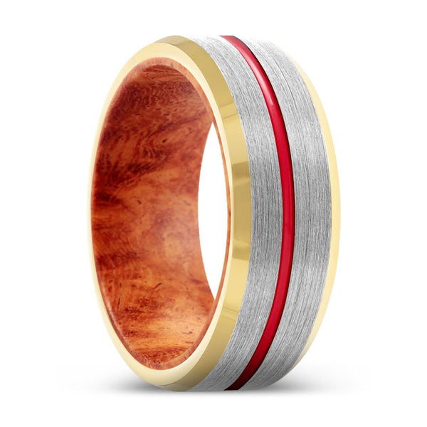 BEDROCK | Red Burl Wood, Silver Tungsten Ring, Red Groove, Gold Beveled Edge - Rings - Aydins Jewelry - 1