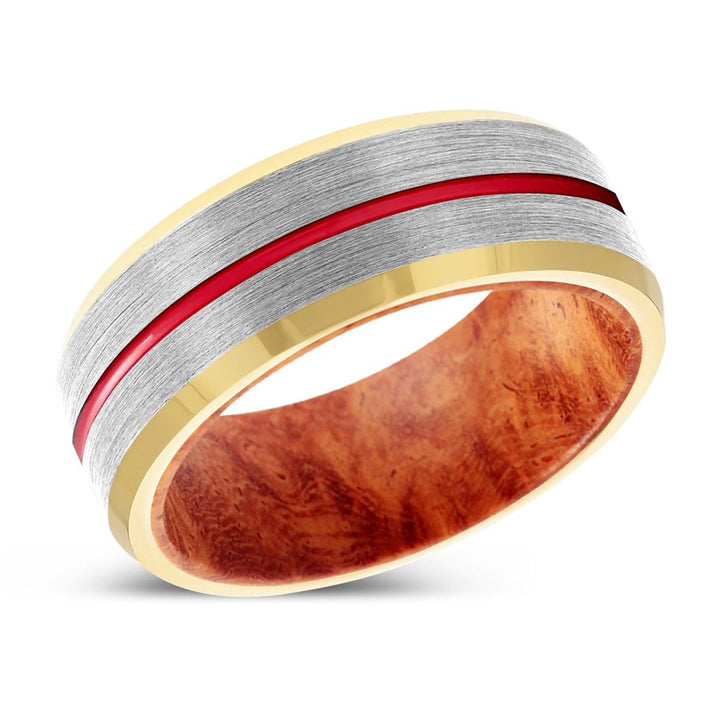 BEDROCK | Red Burl Wood, Silver Tungsten Ring, Red Groove, Gold Beveled Edge - Rings - Aydins Jewelry - 2