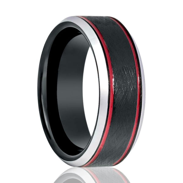 BELARIO | Black Tungsten Ring, Double Red Groove, Beveled - Rings - Aydins Jewelry - 1