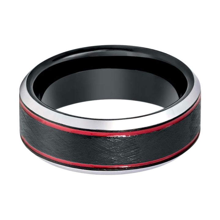 BELARIO | Black Tungsten Ring, Double Red Groove, Beveled - Rings - Aydins Jewelry - 2