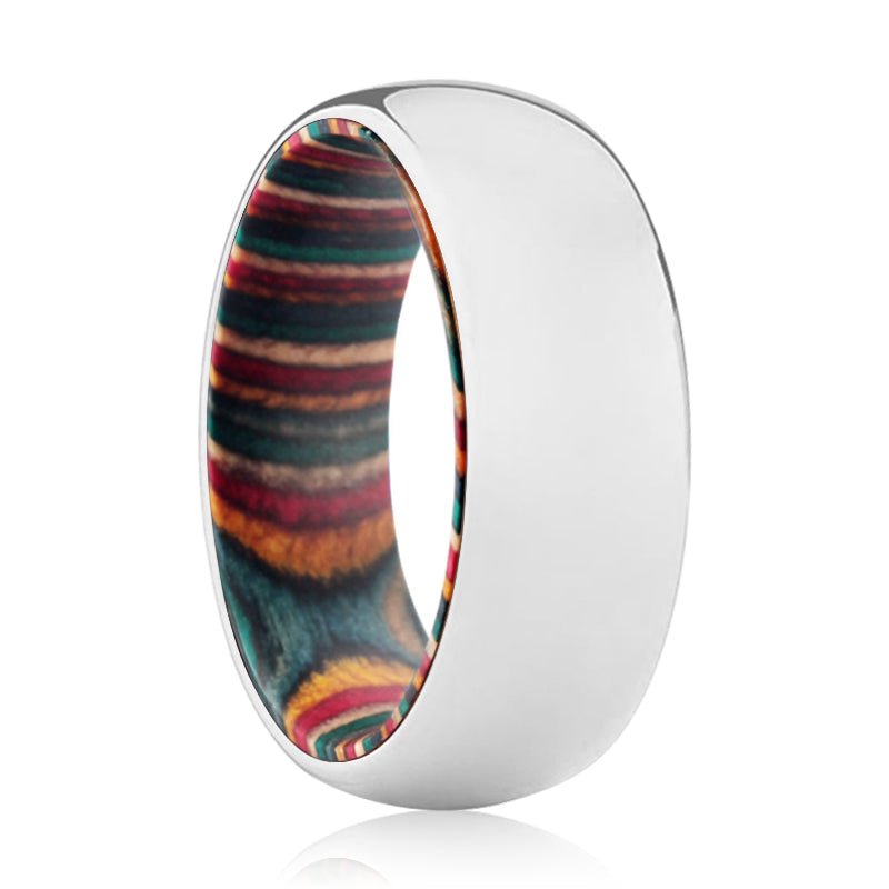 BENDER | Multi Color Wood, Silver Tungsten Ring, Shiny, Domed - Rings - Aydins Jewelry