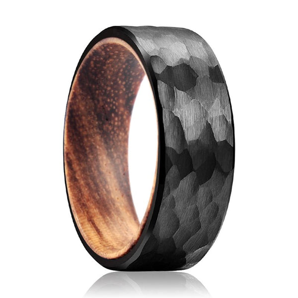 BENDTAIL | Zebra Wood, Black Tungsten Ring, Hammered, Flat - Rings - Aydins Jewelry - 1