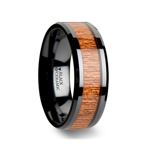 BENIN | Black Ceramic Ring, African Sapele Wood Inlay, Beveled - Rings - Aydins Jewelry - 1