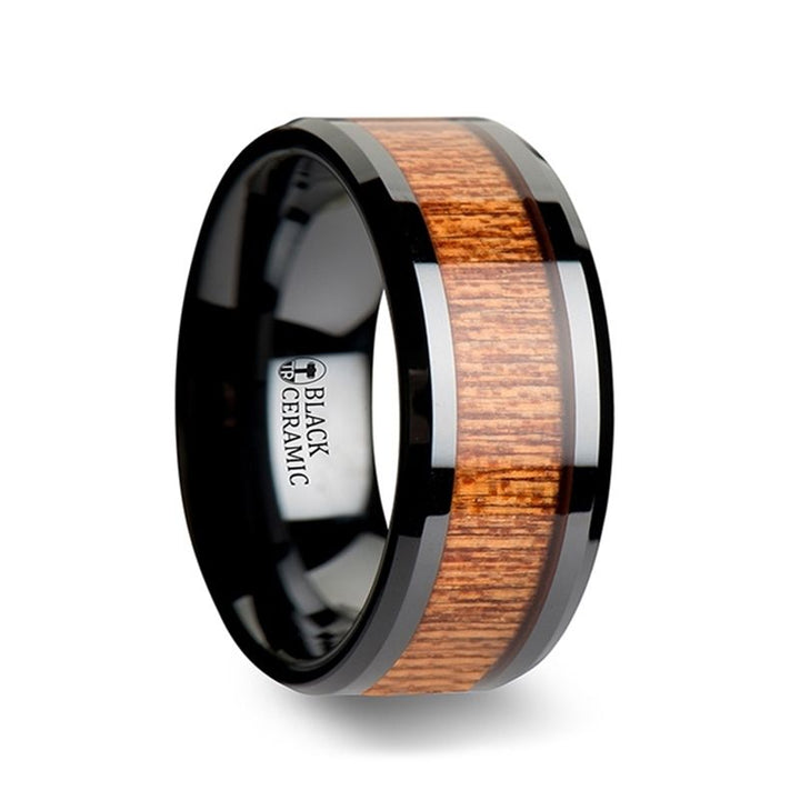 BENIN | Black Ceramic Ring, African Sapele Wood Inlay, Beveled - Rings - Aydins Jewelry - 2