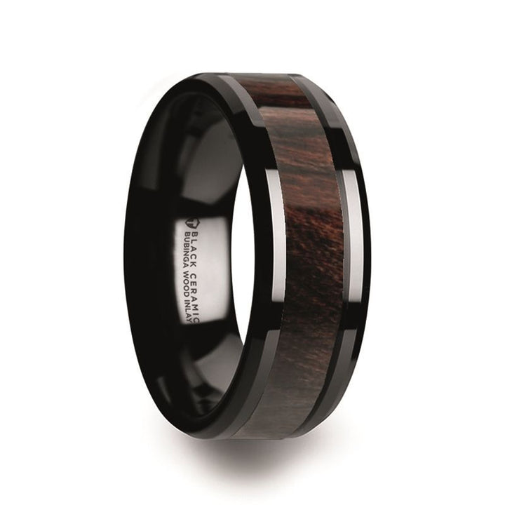 BENNY | Black Ceramic Ring, Bubinga Wood Inlay, Beveled - Rings - Aydins Jewelry - 1