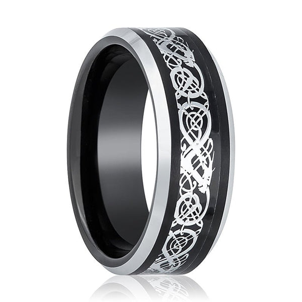 BETTLER | Black Tungsten Ring, Celtic Cut-Out Design, Silver Beveled