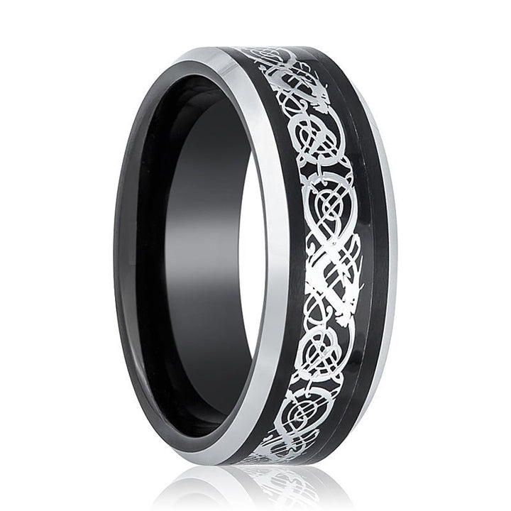 BETTLER | Black Tungsten Ring, Celtic Cut-Out Design, Silver Beveled - Rings - Aydins Jewelry - 1