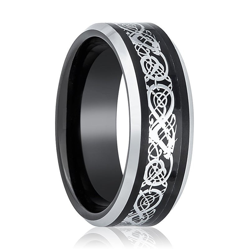 BETTLER | Black Tungsten Ring, Celtic Cut-Out Design, Silver Beveled - Rings - Aydins Jewelry - 1