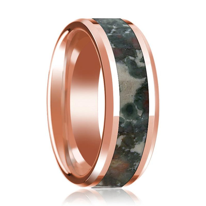 Beveled 14K Rose Gold Men's Wedding Band with Coprolite Fossil Inlay Polished Finish - 8MM