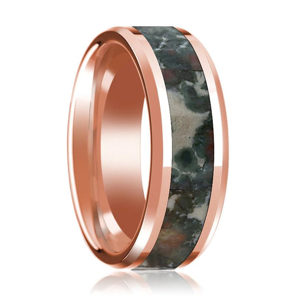 Beveled 14K Rose Gold Men's Wedding Band with Coprolite Fossil Inlay Polished Finish - 8MM - Rings - Aydins Jewelry - 1