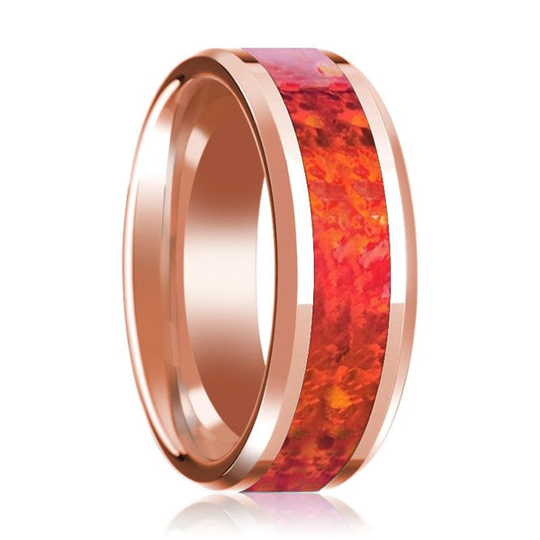 Beveled 14k Rose Gold Wedding Band for Men with Red Opal Inlay & Polished Finish - 8MM - Rings - Aydins Jewelry