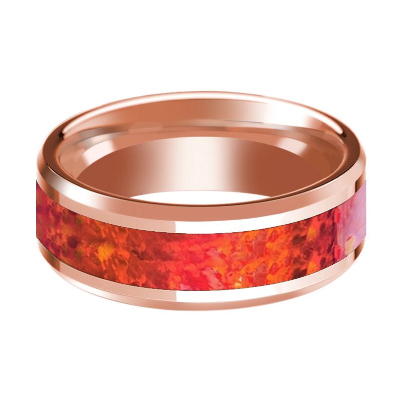 Beveled 14k Rose Gold Wedding Band for Men with Red Opal Inlay & Polished Finish - 8MM - Rings - Aydins Jewelry - 2