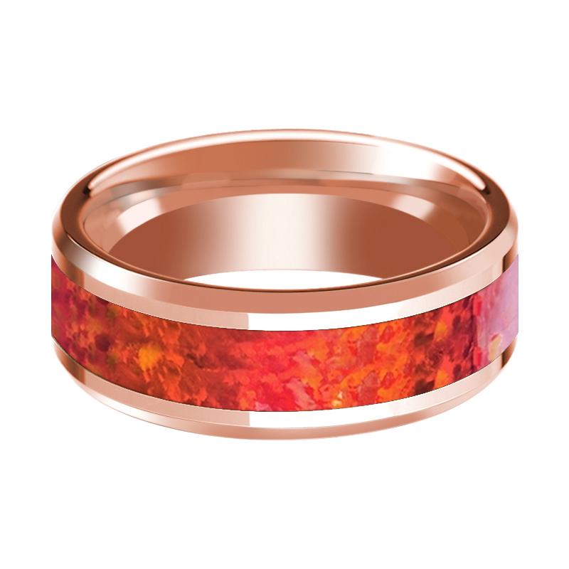 Red Opal inlay 14k rose gold wedding band 8mm, side profile