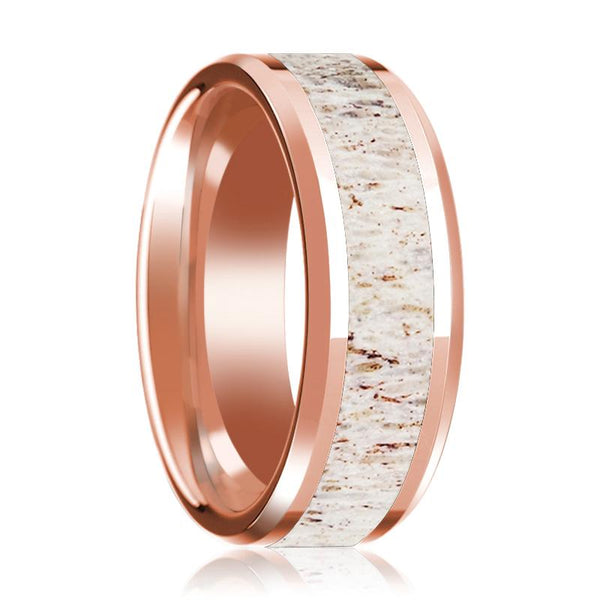 Beveled 14k Rose Gold Wedding Band for Men with White Deer Antler Inlay Polished Finish - 8MM - Rings - Aydins_Jewelry
