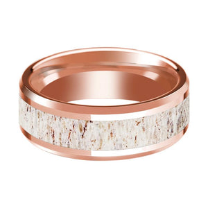 Deer Antler inlay 14k rose gold wedding band 8mm, side profile