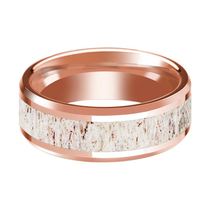 Beveled 14k Rose Gold Wedding Band for Men with White Deer Antler Inlay Polished Finish - 8MM - Rings - Aydins Jewelry - 2