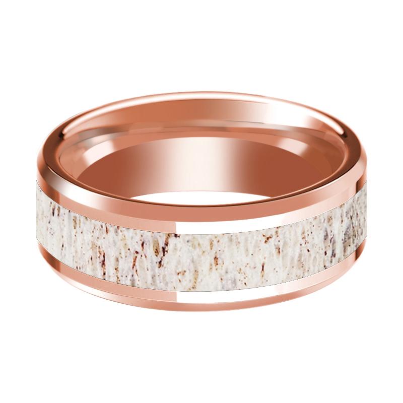 Deer Antler inlay 14k rose gold wedding band 8mm, side profile