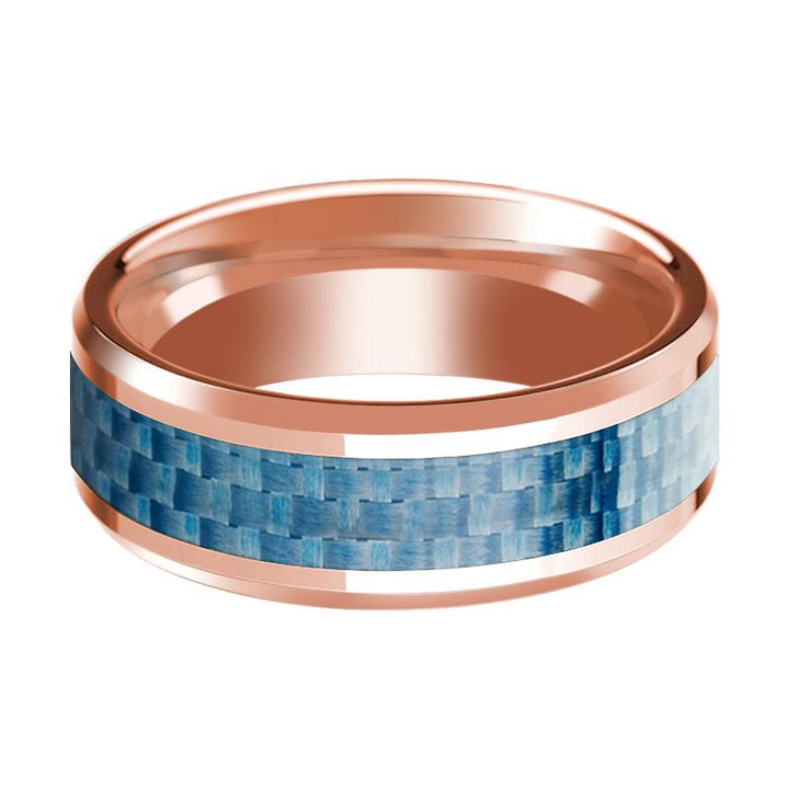 Beveled 14k Rose Gold Wedding Band with Blue Carbon Fiber Inlay & Beveled Edges Polished Finish - 8MM - Rings - Aydins Jewelry - 2