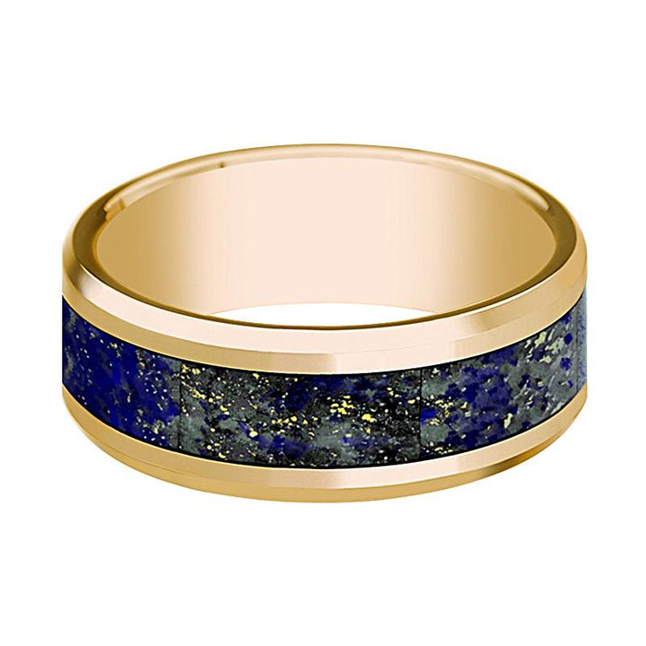 Beveled 14k Yellow Gold Men's Wedding Band with Blue Lapis Lazuli Inlay Polished Finish - 8MM - Rings - Aydins Jewelry - 2