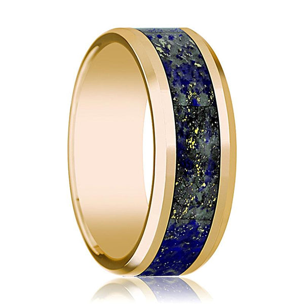 Beveled 14k Yellow Gold Men's Wedding Band with Blue Lapis Lazuli Inlay Polished Finish - 8MM - Rings - Aydins Jewelry