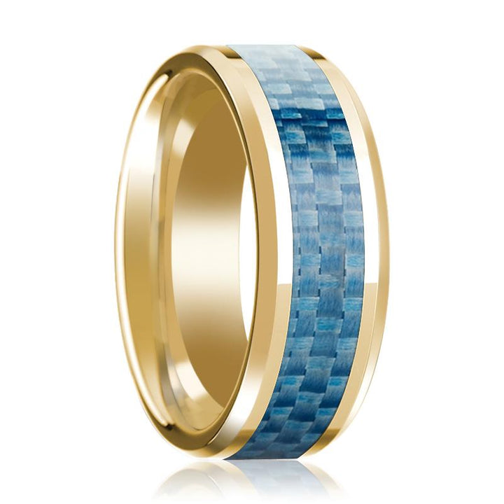 Beveled 14k Yellow Gold Wedding Band for Men with Blue Carbon Fiber Inlay & Polished Finish - 8MM - Rings - Aydins Jewelry - 1