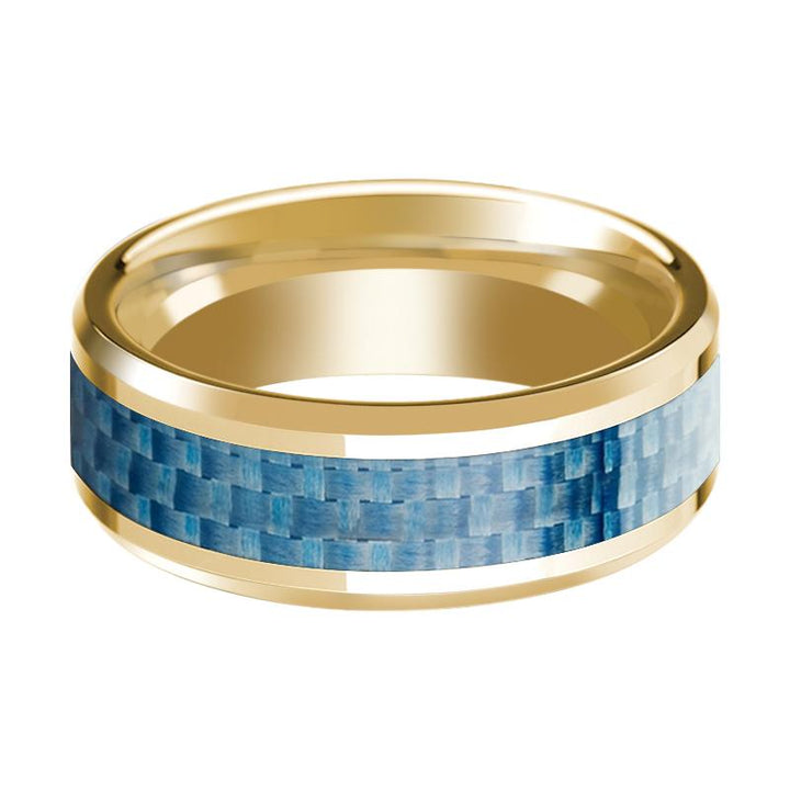 Beveled 14k Yellow Gold Wedding Band for Men with Blue Carbon Fiber Inlay & Polished Finish - 8MM - Rings - Aydins Jewelry - 2